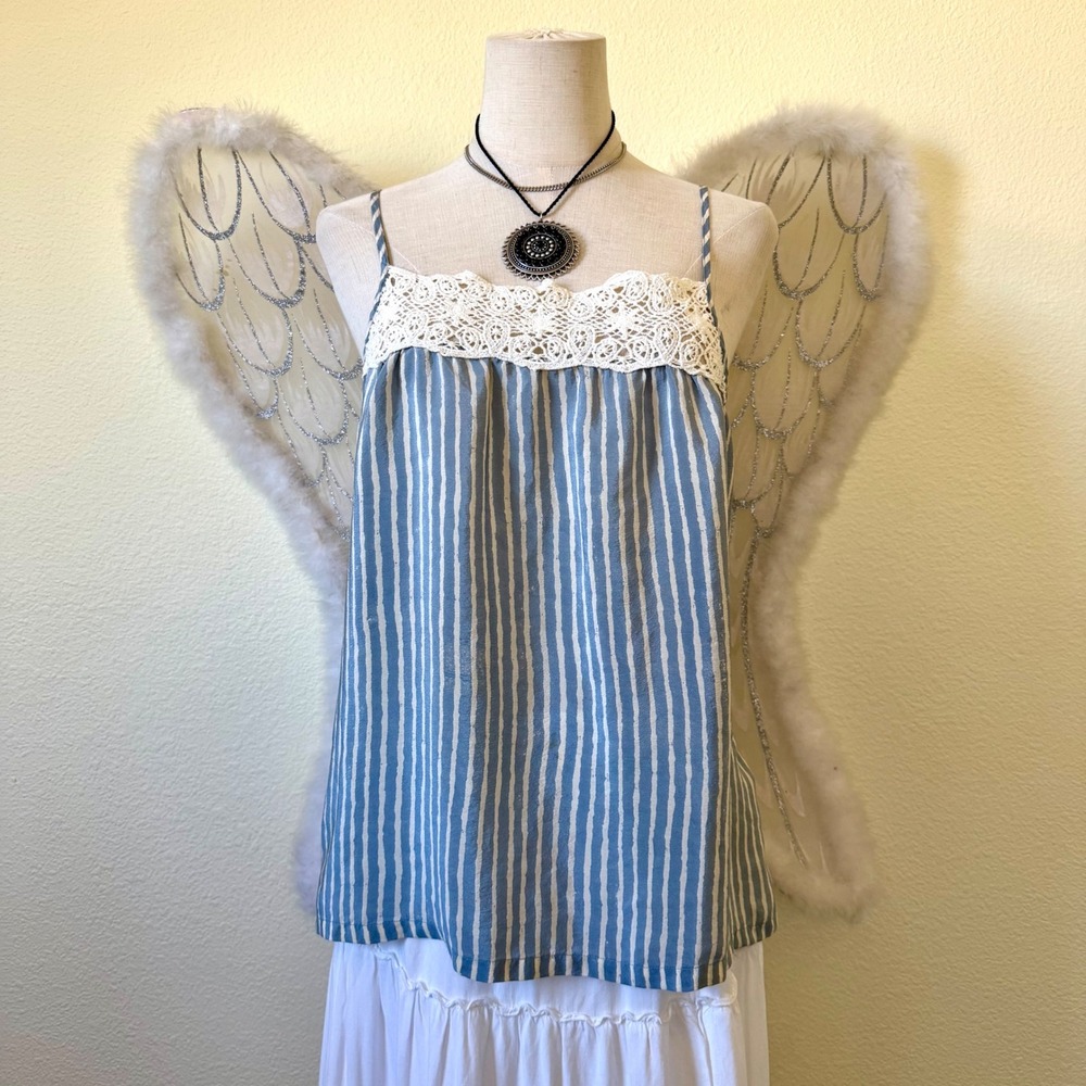 Lucky Brand Silk Camisole Top Blue White Stripe Crochet Lace Coastal Babydoll